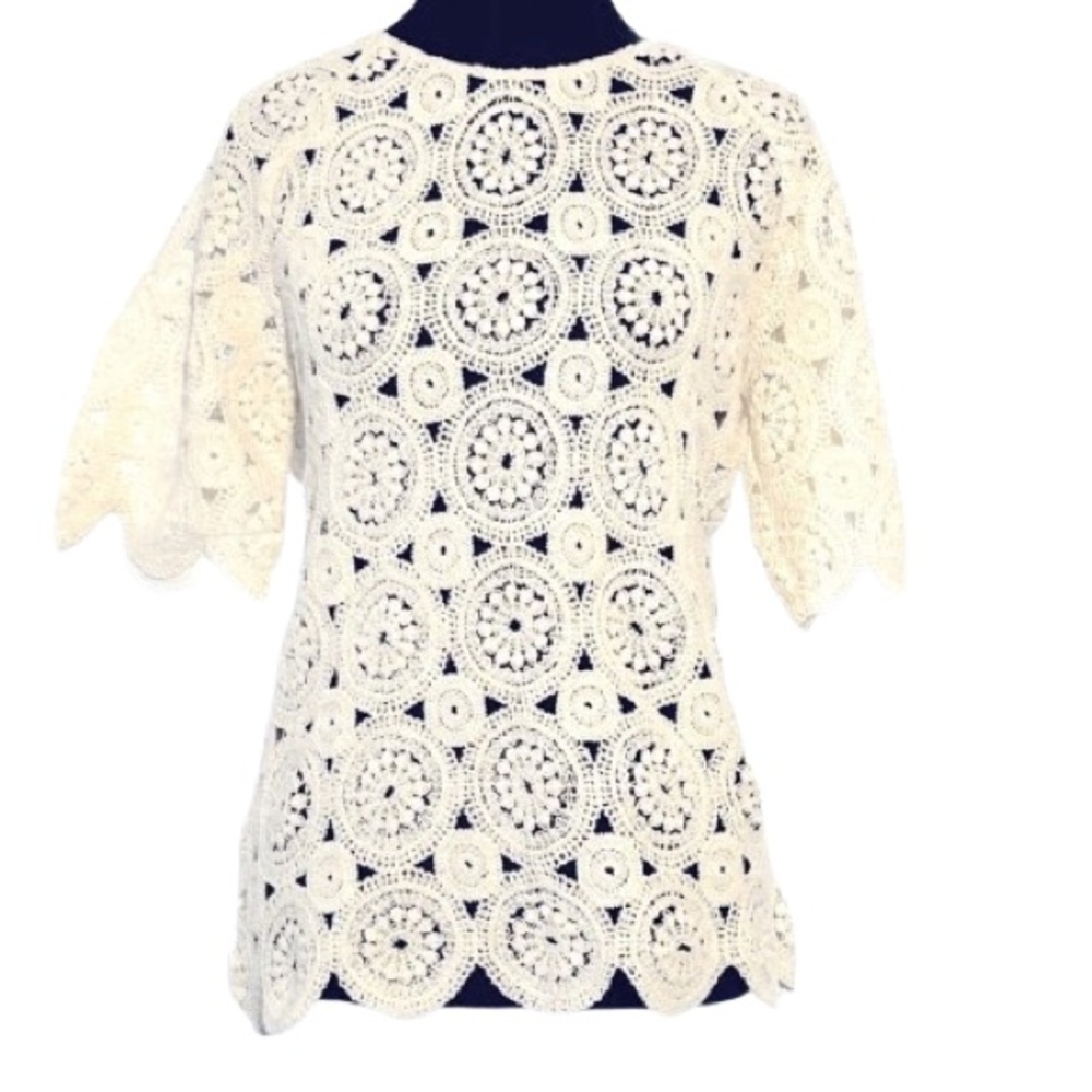 XL CROCHETED BOHO CREAM IVORY SWEATER ALL AT ONCE OPEN KNIT SHORT SKEEVED